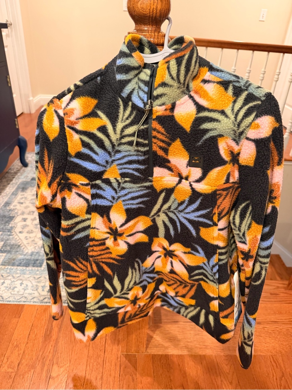 Billabong Black Floral Teddy Quarter-Zip Pullover with Orange & Blue Flowers